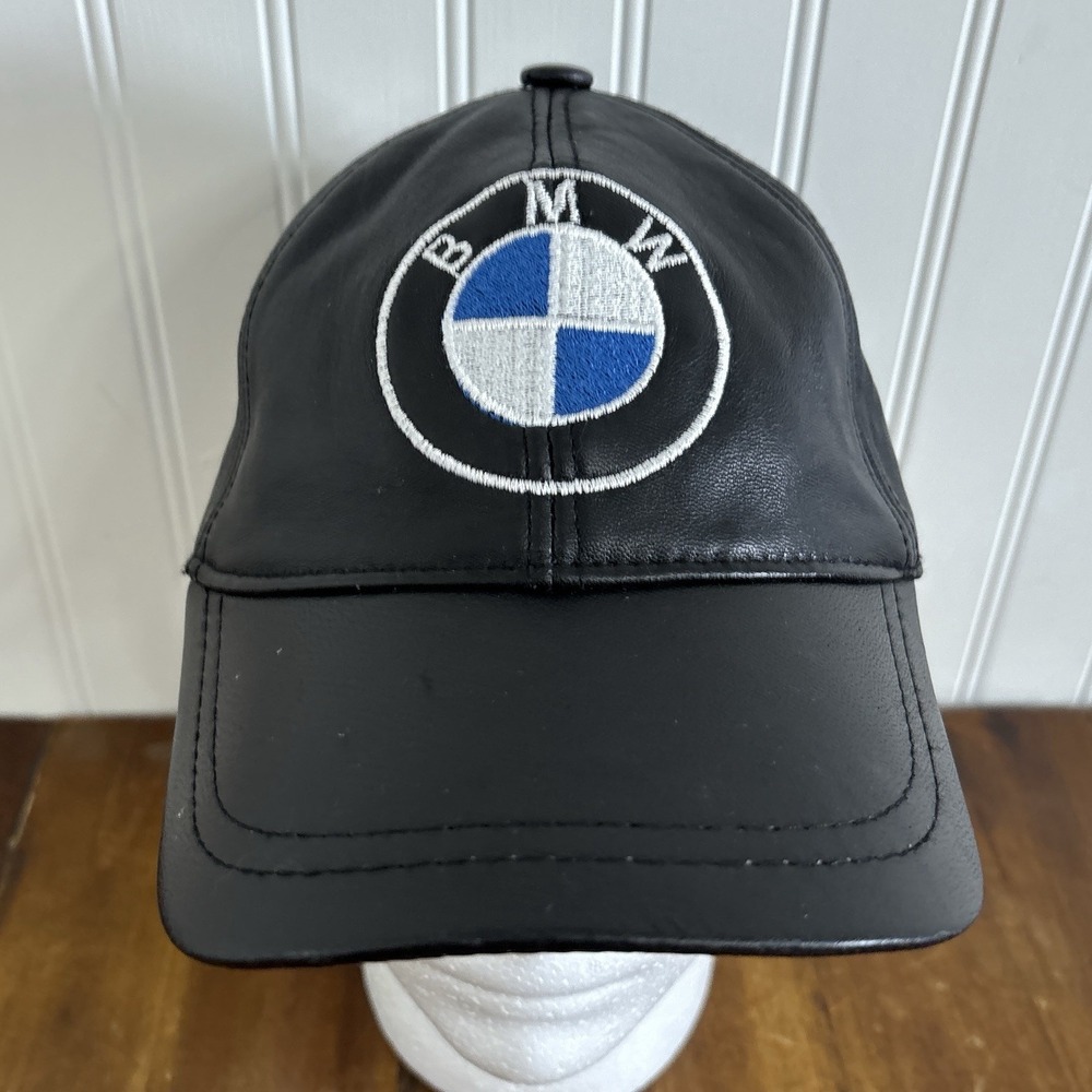 Vintage BMW Hat Black Leather Strap Back Cap 80s 90s USA Luxury Car Brand Promo